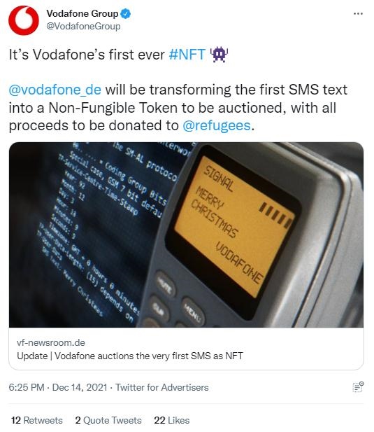 英國沃達豐公司也表示，計劃將拍賣所得全部捐贈給聯(lián)合國難民署，以支持那些被迫逃離家園的人。(圖片來源：英國沃達豐公司社交媒體截圖)