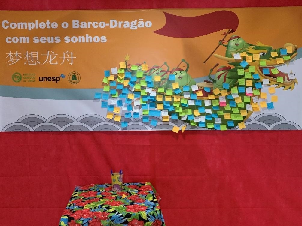 活動現(xiàn)場設置了“夢想龍舟”環(huán)節(jié)，大家將自己寫下的心愿貼在“龍舟”上，期盼“龍舟”承載自己的夢想駛向更美好的未來。（圣保羅州立大學孔子學院供圖）