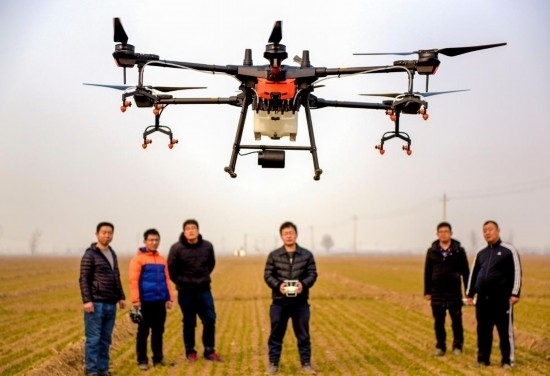 2019年2月25日，無(wú)人機(jī)教員（右三）在河北省衡水市冀州區(qū)徐莊鄉(xiāng)北榆林村為村民做植保無(wú)人機(jī)飛行操作技能培訓(xùn)。新華社記者 李曉果 攝