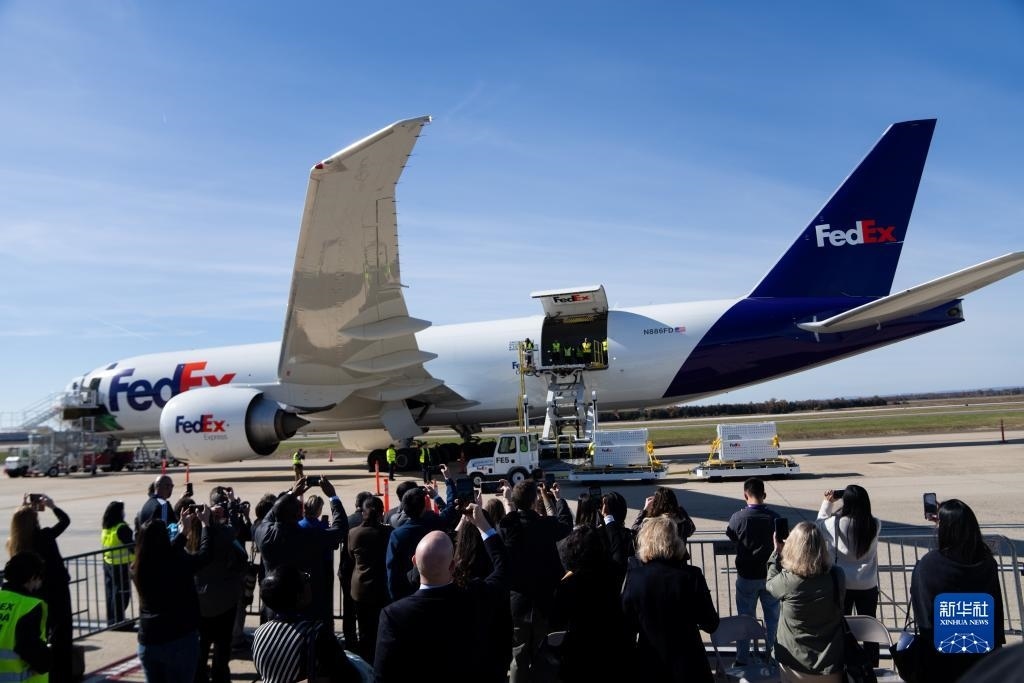 11月8日，在美國(guó)弗吉尼亞州的華盛頓杜勒斯國(guó)際機(jī)場(chǎng)，裝有大熊貓的特制“旅行包廂”準(zhǔn)備運(yùn)上專機(jī)。新華社記者劉杰攝