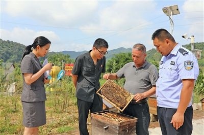  圖②：蒙山法院黃村法庭法官深入蜂蜜合作社，實(shí)地了解蜂農(nóng)需求。