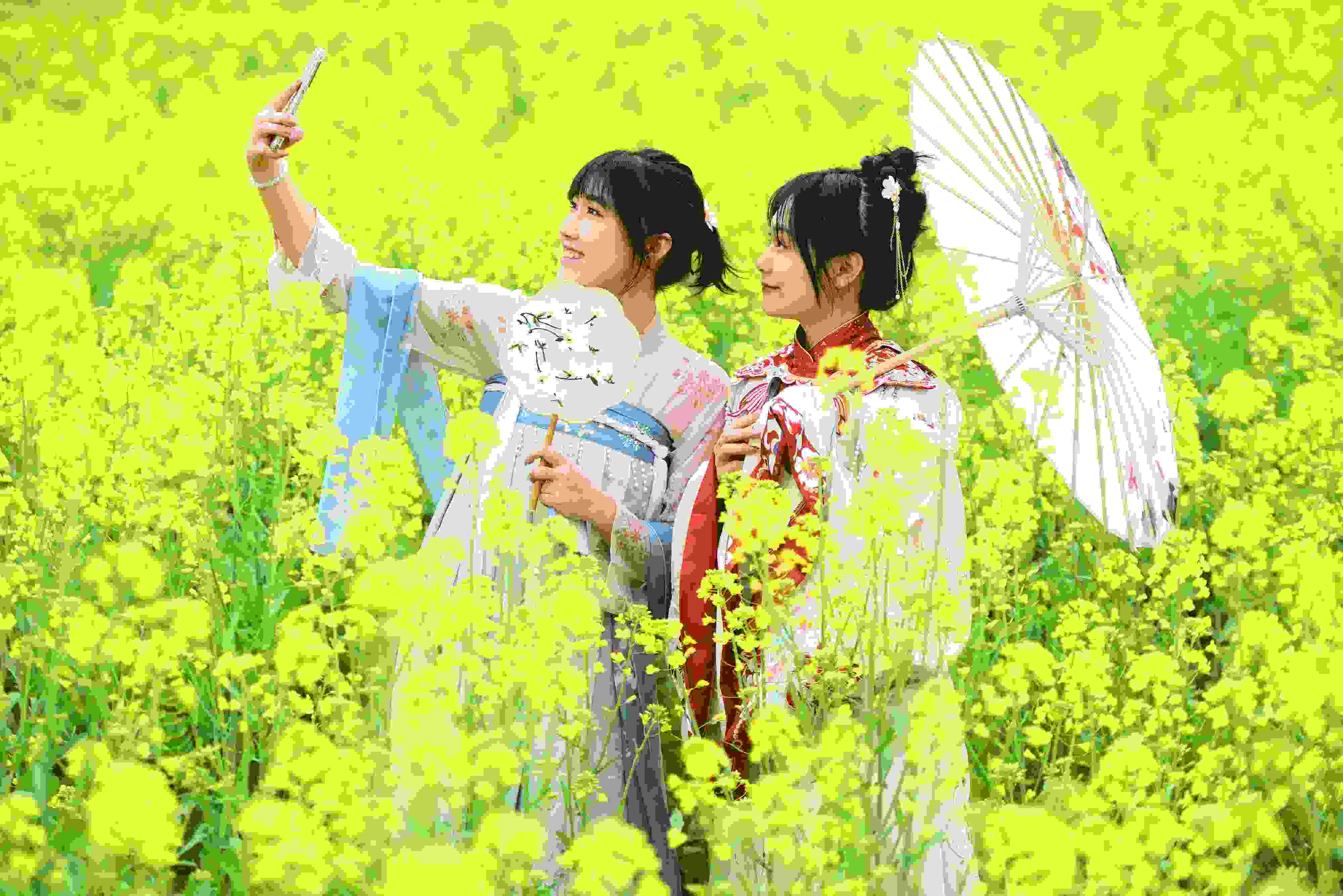 △ 2024年2月16日，廣西賀州，在富川瑤族自治縣麥嶺鎮(zhèn)三民村，游客在油菜花田間賞花拍照。