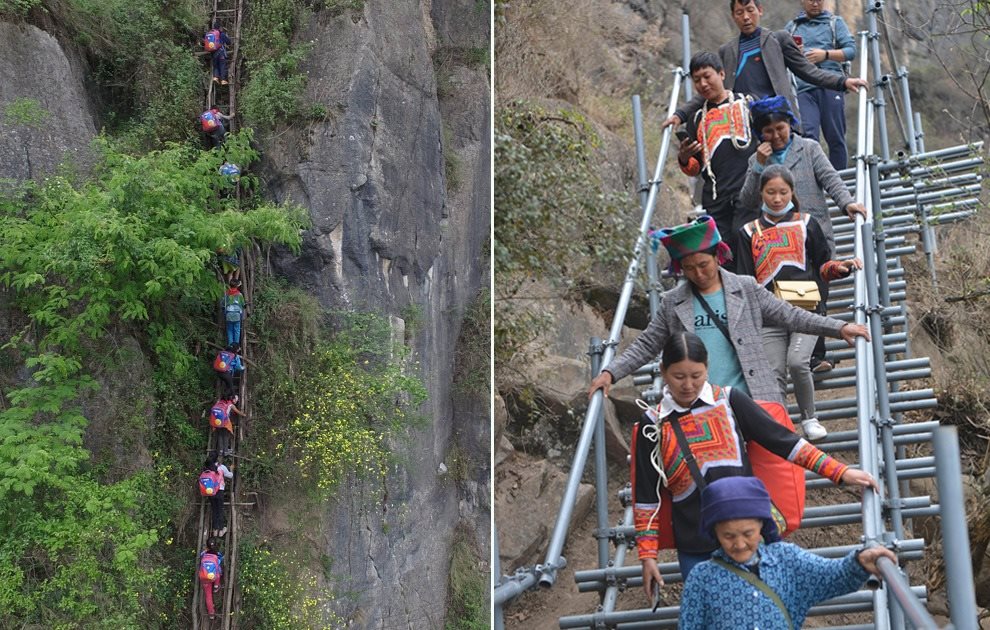 “懸崖村”今昔對(duì)比：左圖為2016年5月14日，“懸崖村”的孩子們攀爬木梯回家。右圖為2020年5月13日，“懸崖村”村民帶著行李通過(guò)鋼梯下山，搬遷至易地扶貧集中安置點(diǎn)的新家。