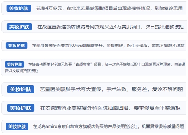 “人民投訴”用戶舉報(bào)醫(yī)美未達(dá)預(yù)期效果或?qū)е律眢w損傷退款遭拒、機(jī)構(gòu)及服務(wù)人員虛假資質(zhì)、被誘導(dǎo)高額醫(yī)美貸、網(wǎng)購(gòu)美容儀器質(zhì)量不過關(guān)等問題。（“人民投訴”平臺(tái)截圖）