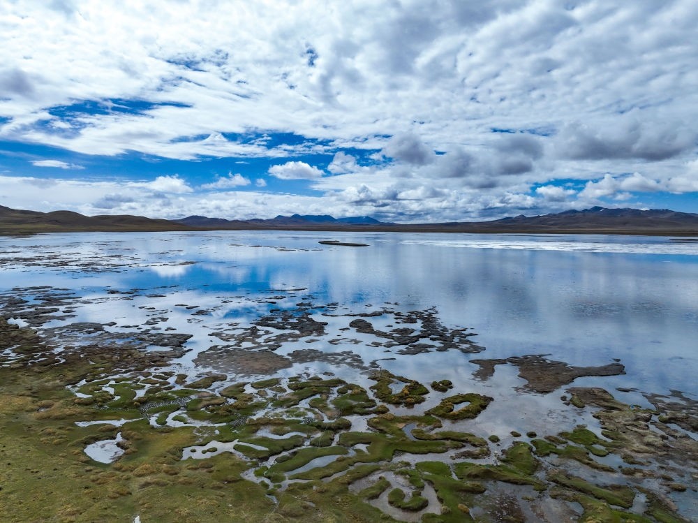 這是2024年5月26日在長江源頭地區(qū)拍攝的班德湖一角（無人機照片）。新華社記者 張龍 攝