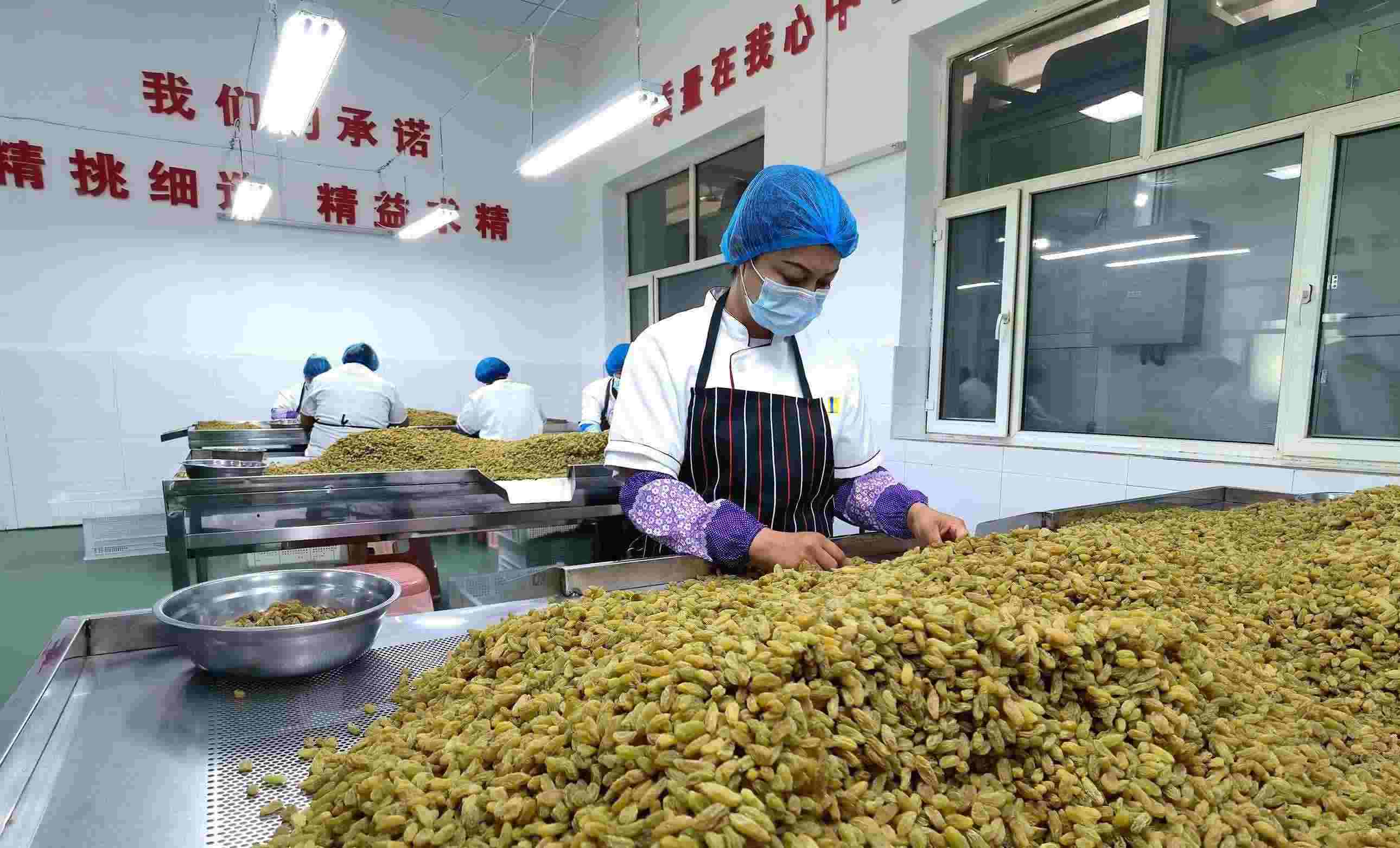 新疆吐魯番市高昌區(qū)亞爾鎮(zhèn)新城西門村，村民們在分揀葡萄干。