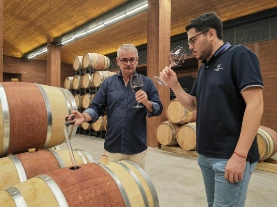  8月7日，尼古拉·格里馬（左）與同事在酒窖中。新華社記者 劉海 攝