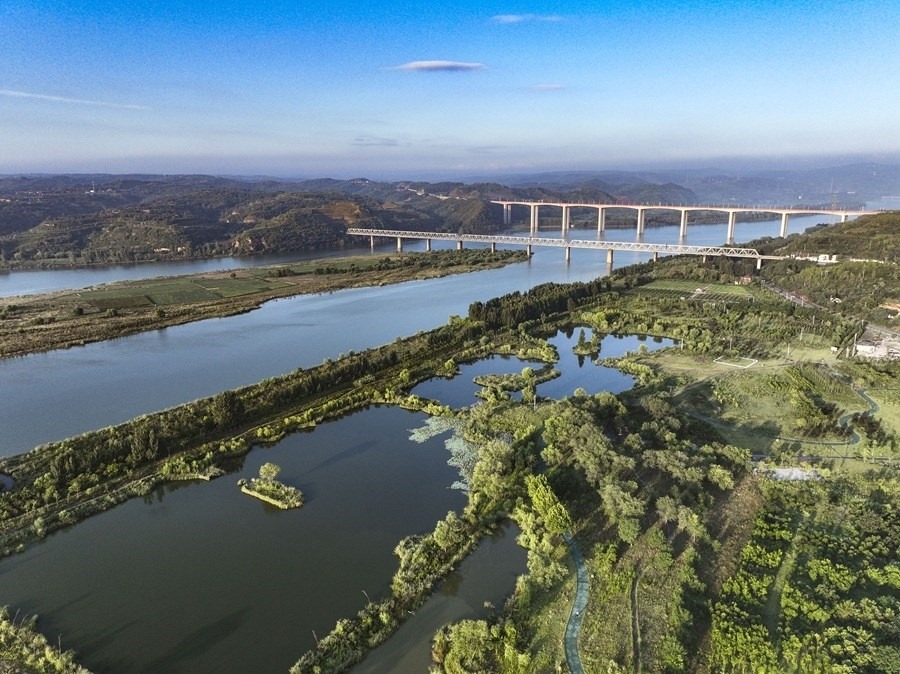 這是2023年8月28日在河南黃河濕地國(guó)家級(jí)自然保護(hù)區(qū)濟(jì)源段拍攝的景色（無(wú)人機(jī)照片）。新華社發(fā) 苗秋鬧 攝