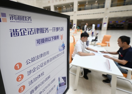 在天津?yàn)I海新區(qū)政務(wù)服務(wù)中心，工作人員在“涉企法律服務(wù)一件事”專區(qū)為市民提供服務(wù)（2024年7月31日攝）。新華社記者 趙子碩 攝