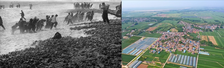 拼版照片：左圖為蘭考群眾在拉淤土壓沙（新華社記者 鄧歷耕 攝）；右圖為2024年4月25日拍攝的蘭考縣張莊村（無人機照片，新華社記者 郝源 攝）。