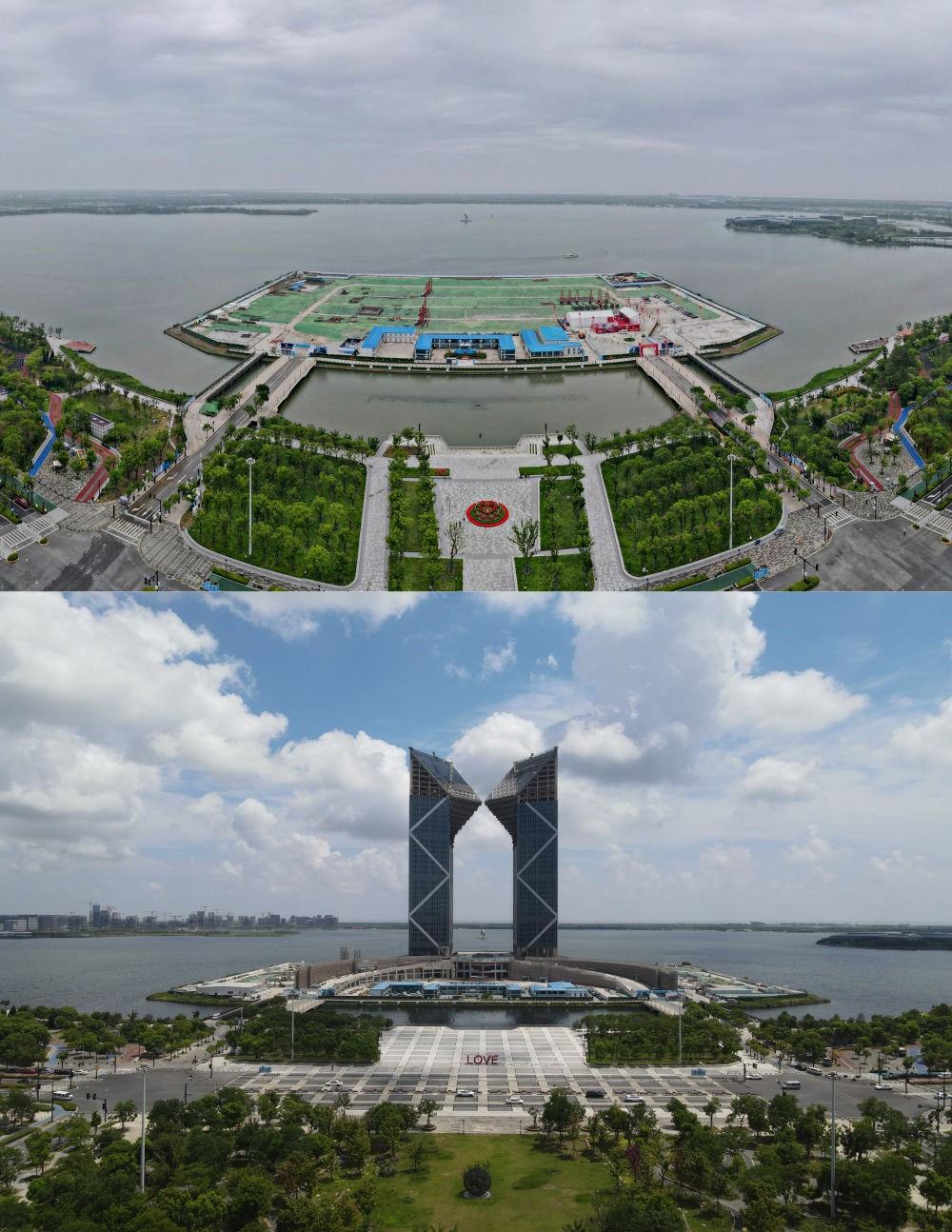 拼版照片：空中俯瞰中國(guó)（上海）自由貿(mào)易試驗(yàn)區(qū)臨港新片區(qū)滴水湖西島中銀金融中心項(xiàng)目現(xiàn)場(chǎng)（上圖為2021年6月20日攝，無人機(jī)照片；下圖為2024年8月14日攝，無人機(jī)照片）。2019年8月20日，臨港新片區(qū)揭牌成立，一個(gè)開放新高地在長(zhǎng)江與東海交匯處日益崛起。