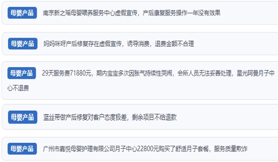 網(wǎng)友涉及產(chǎn)后康復(fù)保健消費糾紛的相關(guān)投訴問題。（“人民投訴”用戶投訴截圖）