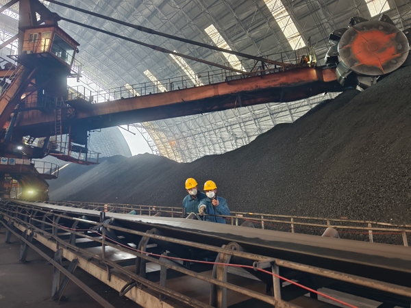 趙善國（右）和同事對電廠煤場進(jìn)行巡檢。受訪者供圖