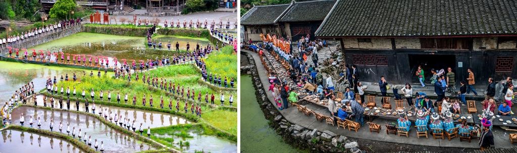 左圖：近期，人們在黎平縣肇興侗寨的田園里演唱侗族大歌（黎平縣委宣傳部供圖）；右圖：這是2023年拍攝的十八洞村長桌宴（湘西州委宣傳部供圖）。