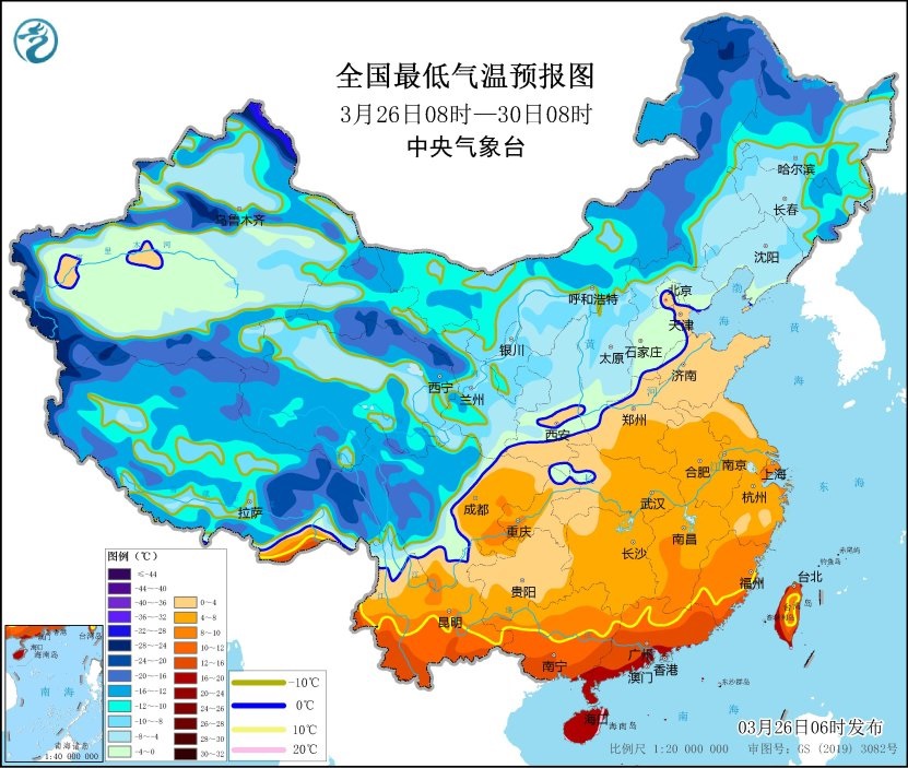 全國(guó)最低氣溫預(yù)報(bào)圖(3月26日08時(shí)-3月30日08時(shí))
