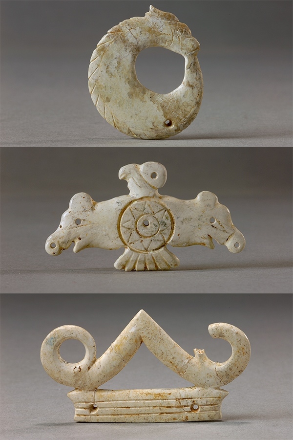 玉龍（上）、玉鷹（中）和玉冠飾（下）。國家文物局供圖