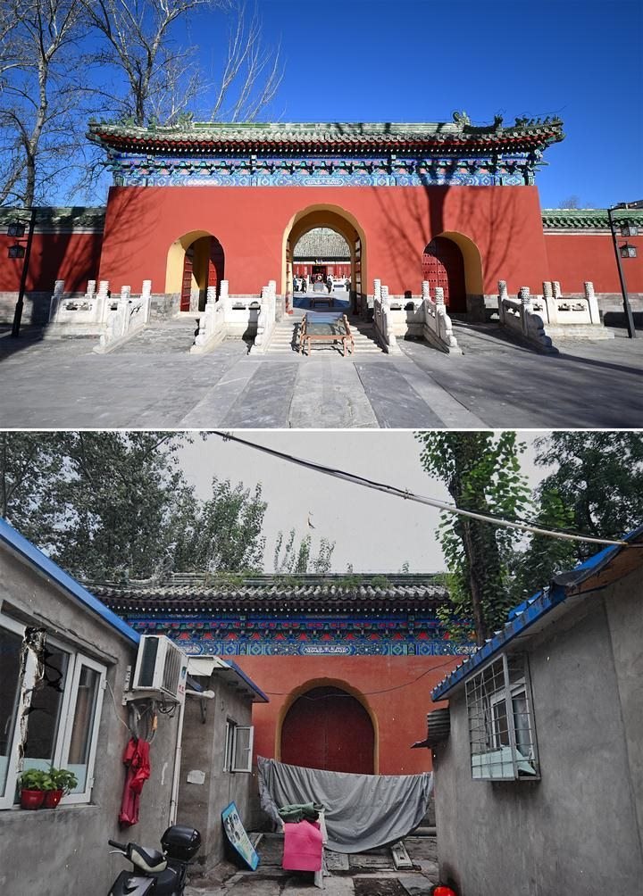 位于先農(nóng)壇內(nèi)的慶成宮，曾長時間被雜亂的民居占據(jù)。在北京中軸線申遺保護工作的帶動下，北京完成了慶成宮區(qū)域文物征收騰退、非文物建筑拆除、彩畫保護、本體修繕、展覽布陳等，讓560多年歷史的古建群重新回歸。2024年12月，北京中軸線上先農(nóng)壇內(nèi)的慶成宮首次面向社會公眾開放。上圖為騰退修繕后的慶成宮內(nèi)宮門（資料照片）；下圖為翻拍的慶成宮內(nèi)宮門騰退修繕前的資料照片（2024年12月21日攝）。